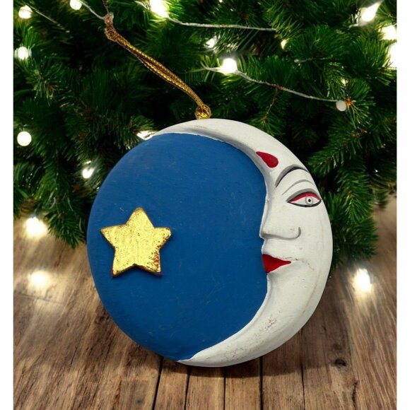 Handcrafted Moon Face Christmas Tree Ornament Vintage Celestial Night Sky - Picture 1 of 6